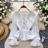 French Name Lace Splicing Doll Collar Horn Lace Lace Truss Lace Truss Truss Tucked Single Buckle Thin Sleeve Shirt