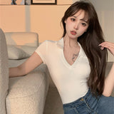 Sexy V-Neck Tight Thin Short Sleeve Bottom T-Shirt Girl 2025 New Summer Babes Blouse