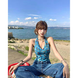 Vintage Hottie Sexy Broken Flower Hanging Neck Vest Women's Summer New Slim Slim Short Blouse