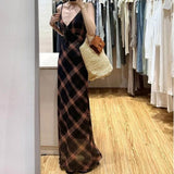 Vintage V-Necked Ling Grid Yarn Sling Dress Women's Summer Seaside Holiday Temperament Wind Bag-Puffed Long Dress