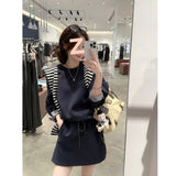Crash Striped Shawl Folded Through The Korean Loose Long-Sleeved Edgy High-Waisted Rope Half-Dress Women's Early Autumn Two Sets Of Tide