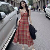 Summer Women's Fried Street Dress 2025 New Red White Temperament Lattice Splicing Lace-Side Sling Skirt