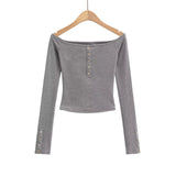 Pure-Style Hottie Button Word Shoulder Long-Sleeved T-Shirt Short Note Collared Sexy Bottom Shirt Wear