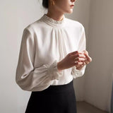 French Elegance Early Spring Commuter Wood Ear Folded Long-Sleeved Shirt Women White Inside Coat