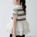 New Summer Cotton Striped Short-Sleeved Splicing Lotus Side Coat Fashion High-End Breathable Top