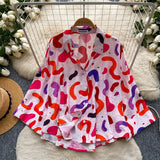 Korean Version Of Commuting Style Color Geometric Print Long-Sleeved Shirt Women's Summer Skin Permeable Loose Cardigan Temperament Top