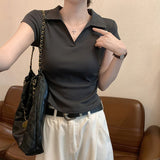 Hottie Sexy Slimming Shoulder T-Shirt Girl Short Sleeve Design Irregular Folds Short Polo Shirt Top