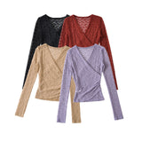 Sexy Micro-Permeable Hollow Cross V Collar Long-Sleeved Lace Jersey Girl Slimming Temperament Bottom Shirt T-Shirt Shirt