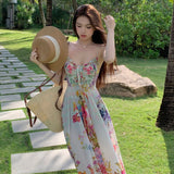 Colored Flower Exposed Shoulder Sling Dress French Women's Summer Waist Swing Skirt Seaside Style Dress