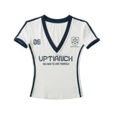Spice Girls V-Neck Color Print Short Sleeves To Waist T-Shirt Sports Leisure Short-Skinny Bottom Shirt