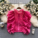 European Court Style Lace Shirt Women's Summer Sleeveless Hooks Hollow Lotus Leaves Side Super Fairy Gold Sweet Blouse