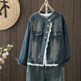2026 Spring Fashion Women's Temperament Slimy Size Slimming Age Loose Lace Splicing Denim Jacket Female