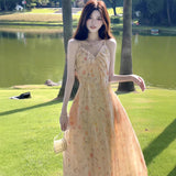 Temperament Sweet Wind Slings Broken Flowers V-Neck Dress Women Summer To Open Shoulders High A-Character Dress