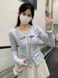 Korean Sweet Blue Lace With Long-Sleeved T-Shirts In Autumn Fake Two Chic Beautiful Thin Tops