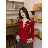 Korean Red Lattice Spliced Long-Sleeved T-Shirts For Girls In Spring And Autumn And Winter Repair Clothes And Fake Two Morning And Autumn Tops