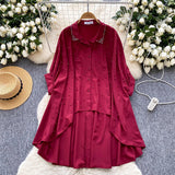 Design Irregular Shirt Women's Diamond Nail Pearl Single-Regable Bat Sleeves Long Medium Cover