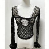 Fashiony Hottie Sexy Lace Splicing Long-Sleeved T-Shirt Girl Spring New Body Folding Blouse