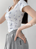 2026 Summer Design Sense Collar Short-Sleeved T-Shirt Women's Fish Bone Line T-Shirt Umbilly Umbilly Short Floral Blouse