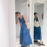 Blue Mist Love French Denim Dress Women's Summer Small Design Feel Waist Temperament Slings Long Skirt