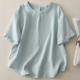 Vintage Weaving Cotton Shirt Femininity Wooden Collar Shirt Summer Short-Sleeved Top