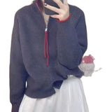 KANING Double Zipper Semi-High Collar Knitted Cardigan 2026 Autumn New Design Sweater Coat Women's Clothing