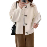 KANING Round Horn Buckle Knitted Cardigan Women 2026 Autumn New Loose Solid Design Sweater Jacket