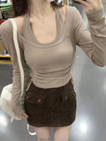 Purely Sexual Sexy Two-Piece Korean Version Of The New Personality Hanging Neck Long-Sleeved T-Shirt Women In Chic Bottom Shirt Top