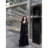 Autumn And Winter Famous Wind Pure Color V Collar Horn Sleeve Dress Woman With Coat A Long Dress