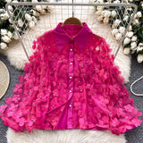 French Heavy Industry Nail Beads Three-Dimensional Flower Long-Sleeved Shirt Women Loose Thin Famous Lady Light Luxury Chic Lantern Sleeve Top