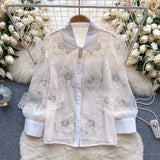 High-End Oceanic Heavy Industry Nail Pearl Sclins Stereo-Flower Shirt Women 2025 Spring Dress New Perspective Netɴ French Top