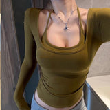 Rongde Velvet Pure Autumn And Winter Pure Lust Wind Fake Two Hanging Neck Repair Slimming Waist Sweet Hot Girl On The Long Sleeve