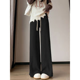 Design Sense Side Pressure Folding Pit Strip Knitted Broad Leg Pants Women Autumn And Winter Thick Hanging Feeling Loose Thin Tug Leisure Pants