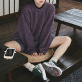 KANING Purple Round Collar Collar Sweater Women 2026 Autumn And Winter New Retro Lazy Wind Loose Solid Knitwear