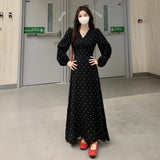 French Black V-Necked Long-Sleeved Dress Early Autumn New Look Temperament Waist Dress