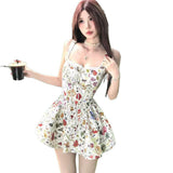 French Hottie Style Cross-Tieed With Broken Flower Sling Dress Girl Summer Sweet Low-Collar PonÅîy A-Skirt Skirt