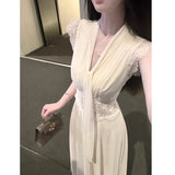 2 Versions Of The 2026 Summer Chiffon French V Tie With Large Skirt White Moon Dress Tide