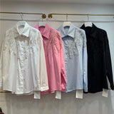 European Goods Heavy Industry Buckle Embroidery Single Buckle Collar Loose Long Shirt Women Big Brand Design Sense Thin
