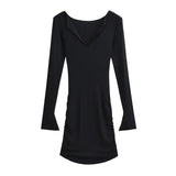 Big V Collar Collar Collar Collar Collar Side Folding Dress Autumn Hottie Pure Lust Dress Open Horn Sleeve