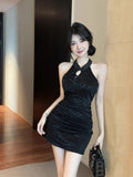 Summer New Chinese Hanging Neck Cheongsam Buckle Dress Girl Small Man High Waist Hot Babes Hip Skirt