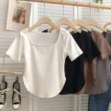 Pure Fashion French Small Sexy Pure Color Short-Sleeved T-Shirt Girl Summer Collar Umbilized Bottom Women's T-Shirt Tide