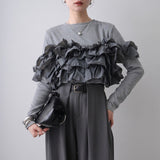 Multiplication A Large Number Of Goods Spring And Autumn And Winter New Women's Long Sleeve Heavy Industry Splicing Lotus Leaf Side Long Sleeves Of Clothing Fashion Top