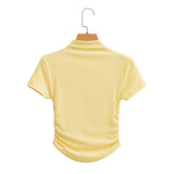 2025 Pure Lustful Wind Sexy Tight Chest Flanked Folded T-Shirt Thread Half-High Collar Short-Sleeved Top Woman
