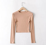 Hottie High Elastic Short Small Neck-Up T-Shirt Exposed Belly Button-Button Tight Bottom Shirt