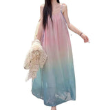 Sweet Gradient Beach Folded Sling Dress Women's Summer Vacation Style Loose Waist A-Shaped Dress