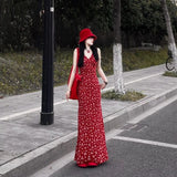 2025 Spring Summer New Hong Kong Style Retro V-Neck Waist Crumums Hanging Dress Dress