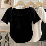 Pure Fashion French Small Sexy Pure Color Short-Sleeved T-Shirt Girl Summer Collar Umbilized Bottom Women's T-Shirt Tide