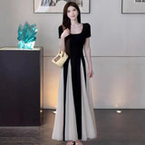 French High-End Temperament Mesh Yarn Short-Sleeved Dress Female Summer Sister To Close The Waist Thin Bump Big Swing Dress