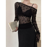 Hottie Style Sexy Lace Perspective Hollow Long-Sleeved T-Shirt Women's Autumn And Winter New Design Sense Of Short Dress