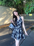 [Original Practice] French V-Neck Hanging Neck Lattice Dress Women's New Summer Temperament To Be Short