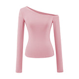 Solid Color Oblique Shoulder Shoulder-To-Shoulder Knitted Long-Sleeved Hottie Design Feel Bottom Blouse T-Shirt